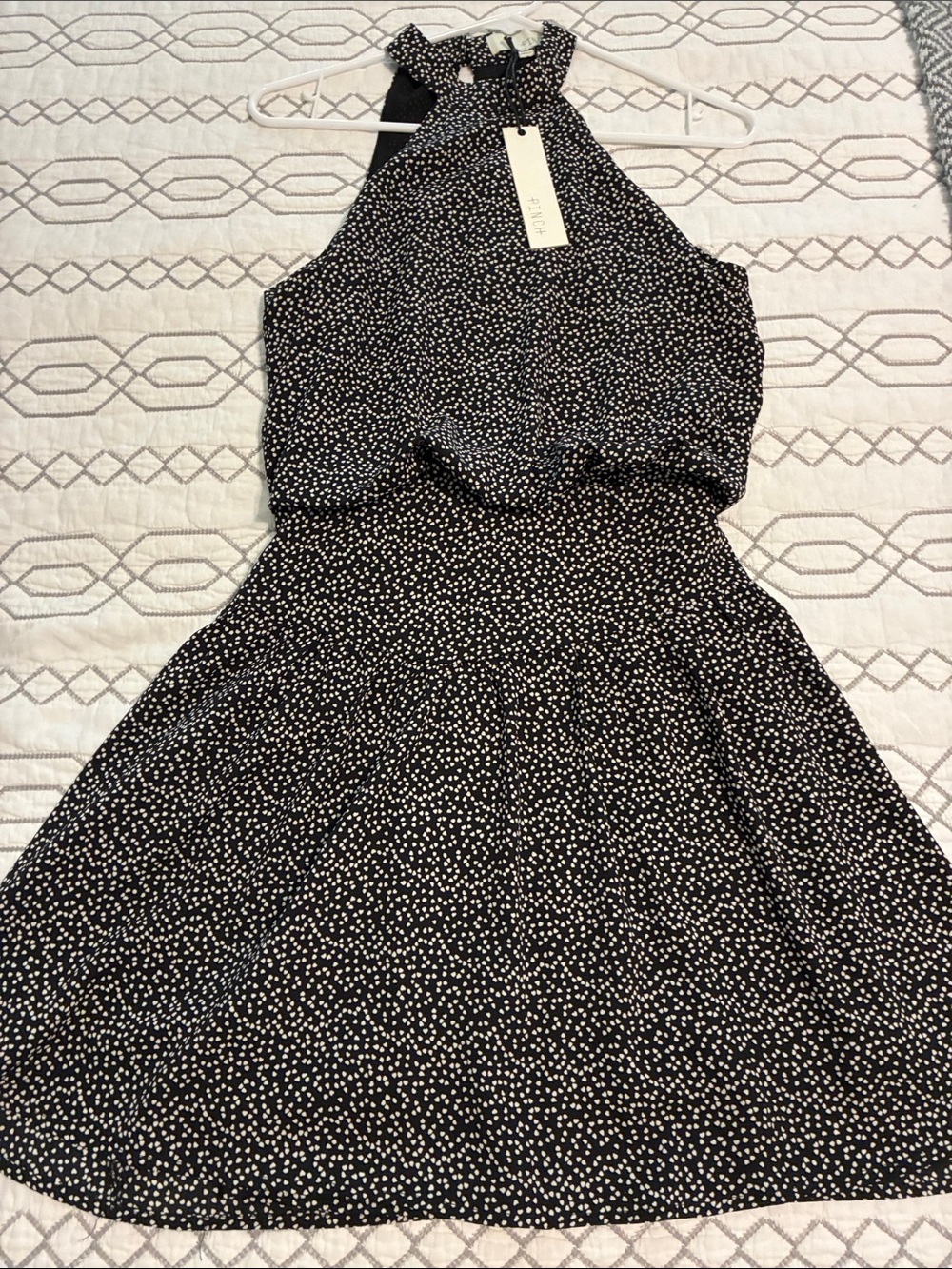MWT!!!Pinch Black Mini Dress with White Dot Print Halter Neck